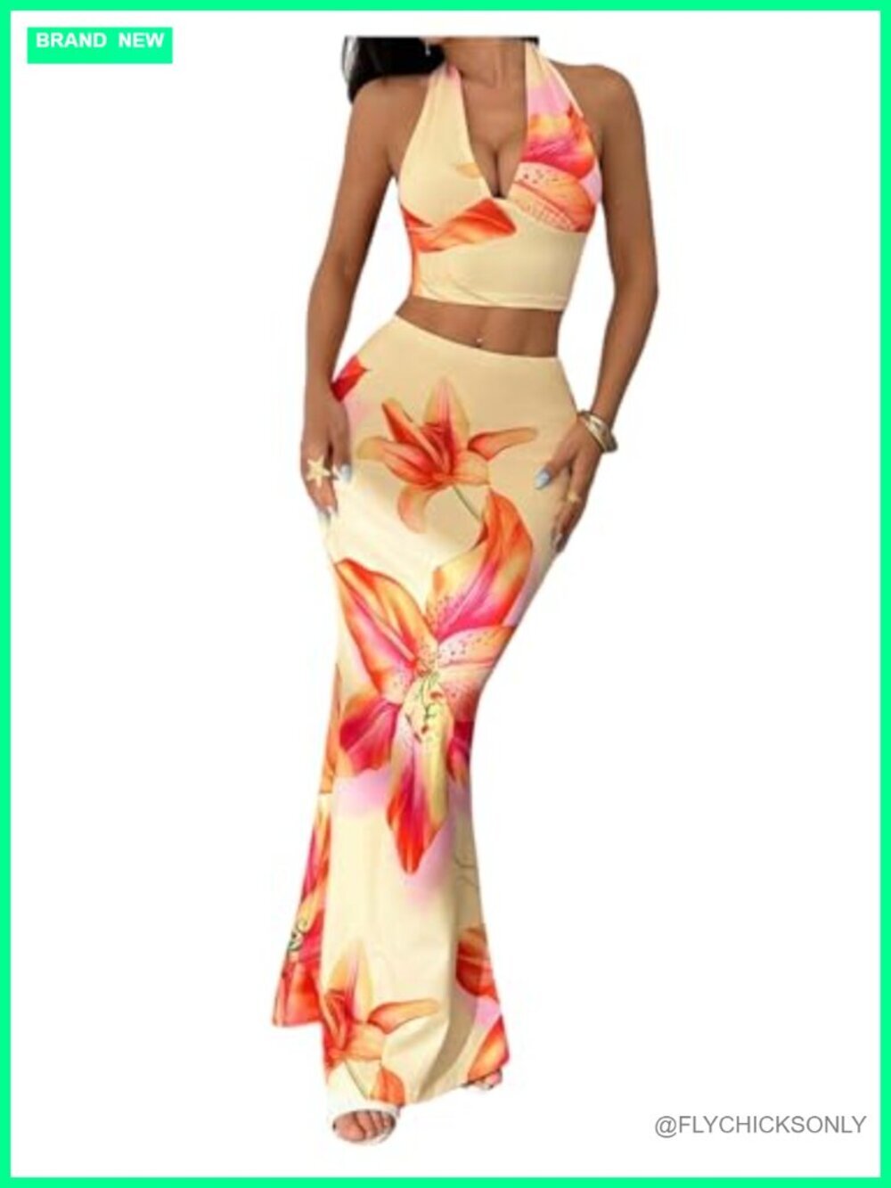 Women's Floral Halter Crop Top & Maxi Skirt Set 2 Piece Summer Outfit
